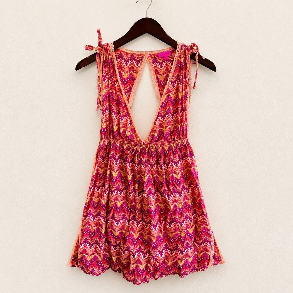 Betsey Johnson Boho Ikat Print Lace Trim Open Back Mini Dress Small Swim Cover